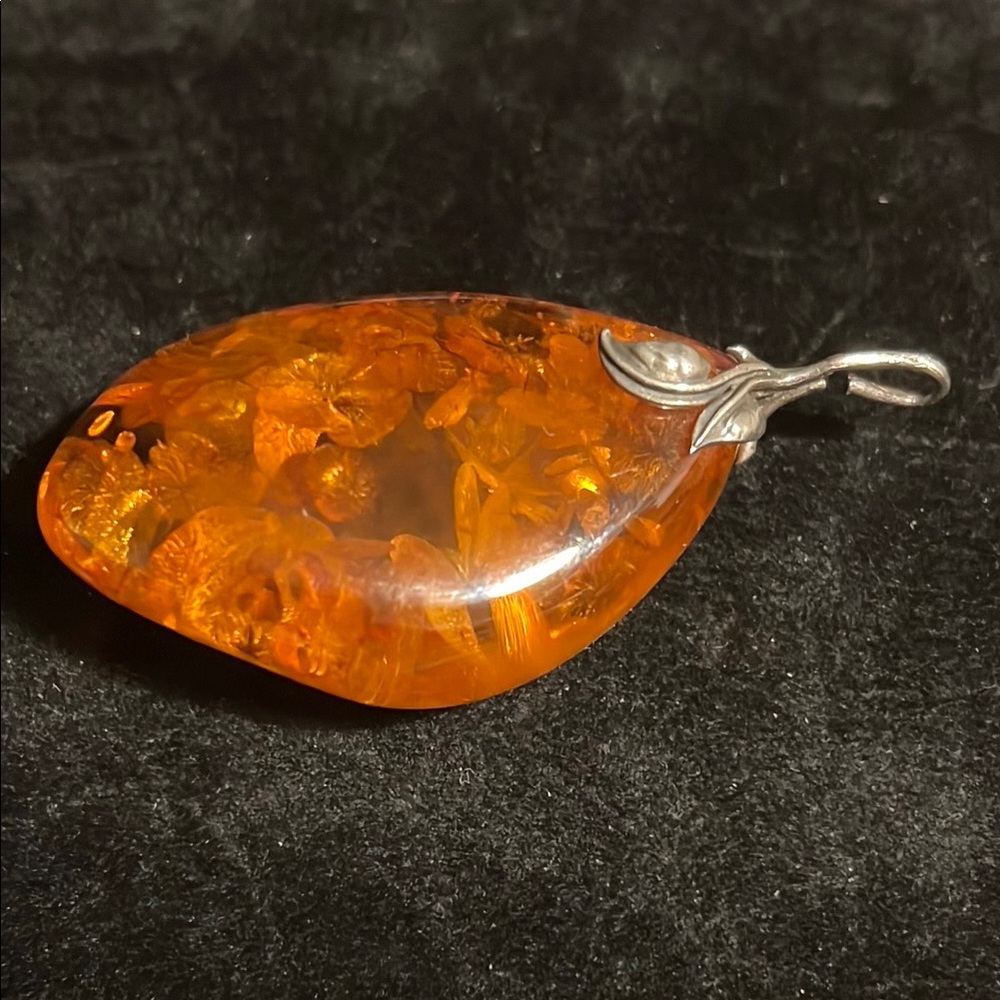 COPY - Large Sterling and Amber Pendant with Leaf Accent - Picture 2 of 7